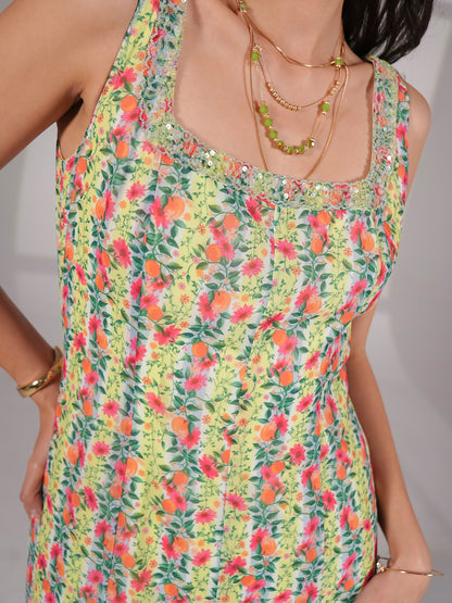 Annie Fit and Flare Hand Embellished Fruit Print Maxi Dress