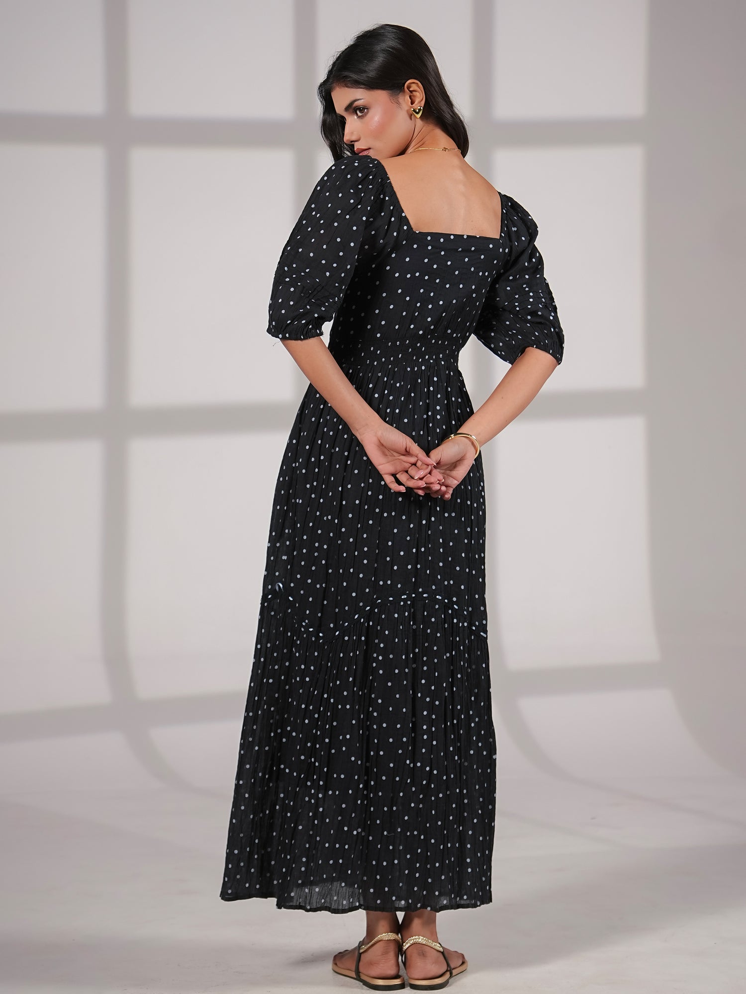 Eloise Black Blue Spot Print Cotton Crinkle Maxi Dress