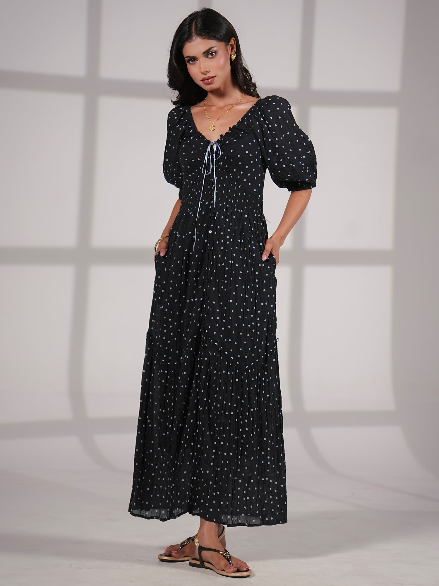 Eloise Black Blue Spot Print Cotton Crinkle Maxi Dress