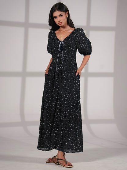 Eloise Black Blue Spot Print Cotton Crinkle Maxi Dress
