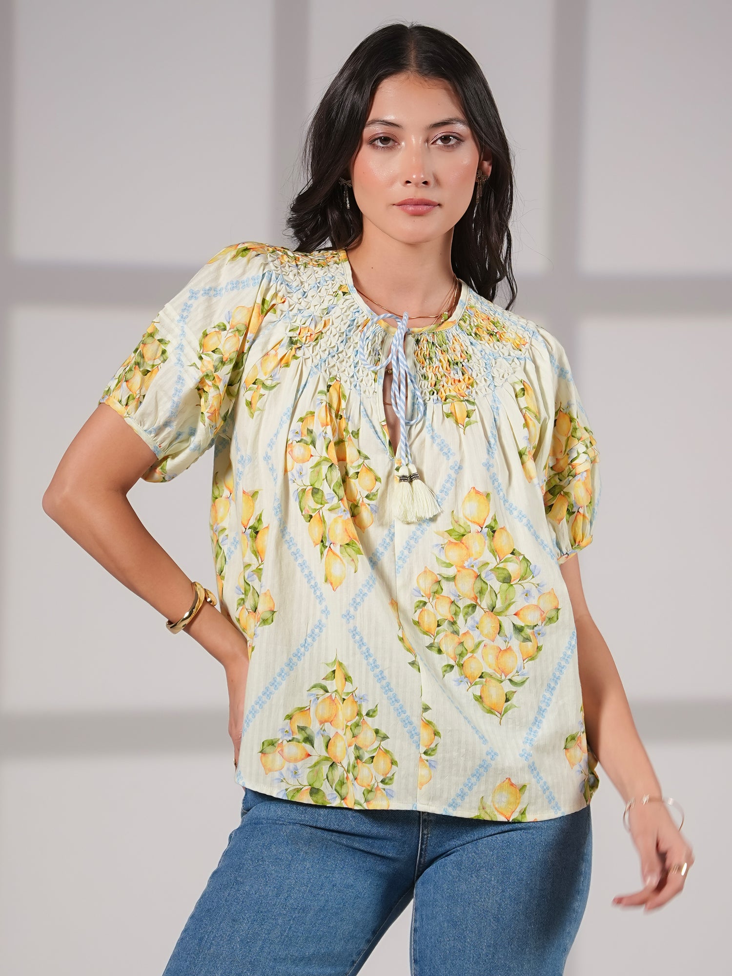 Kirstin Lemon Print Smock Detail Cotton Blouse