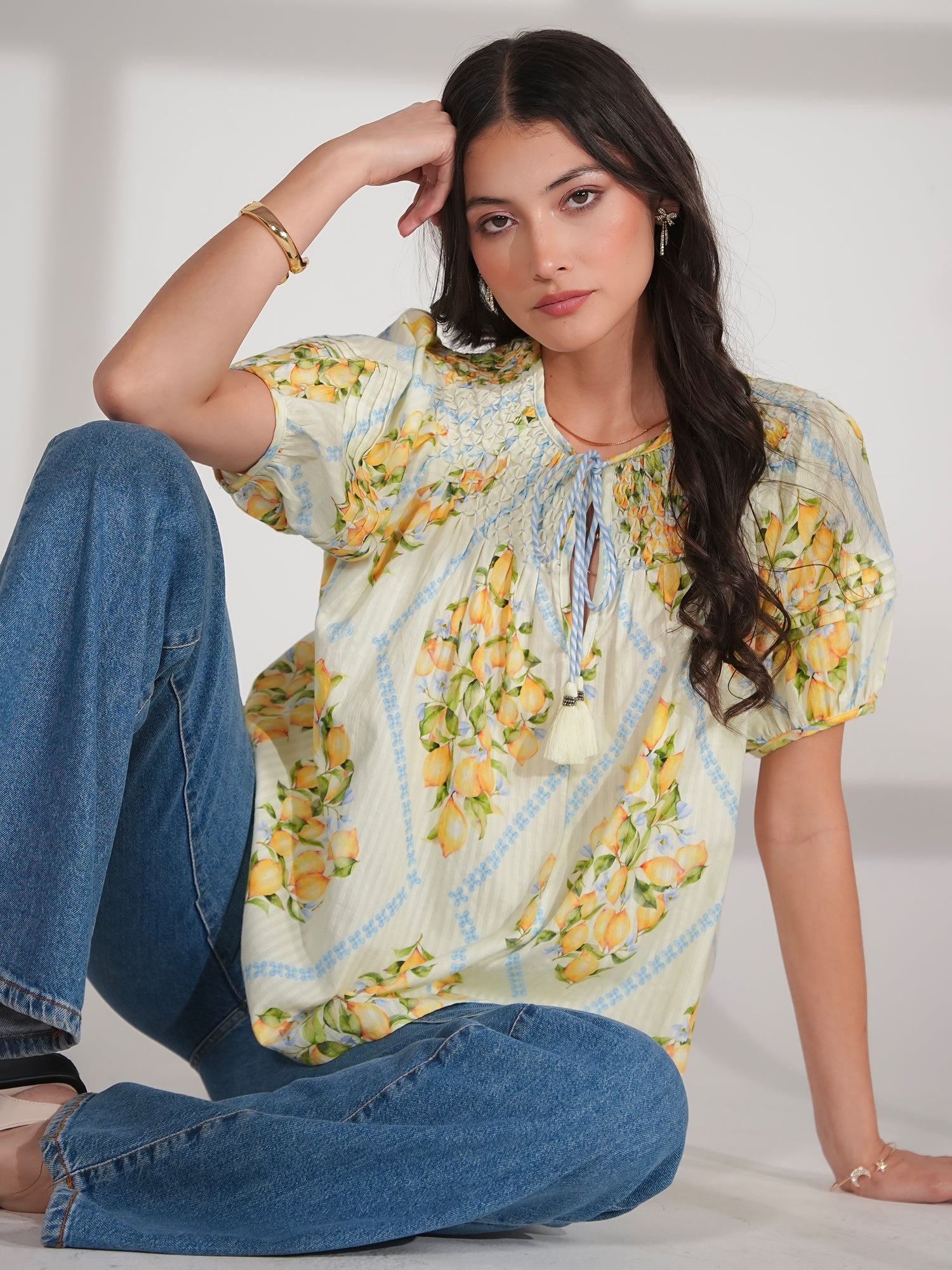 Kirstin Lemon Print Smock Detail Cotton Blouse