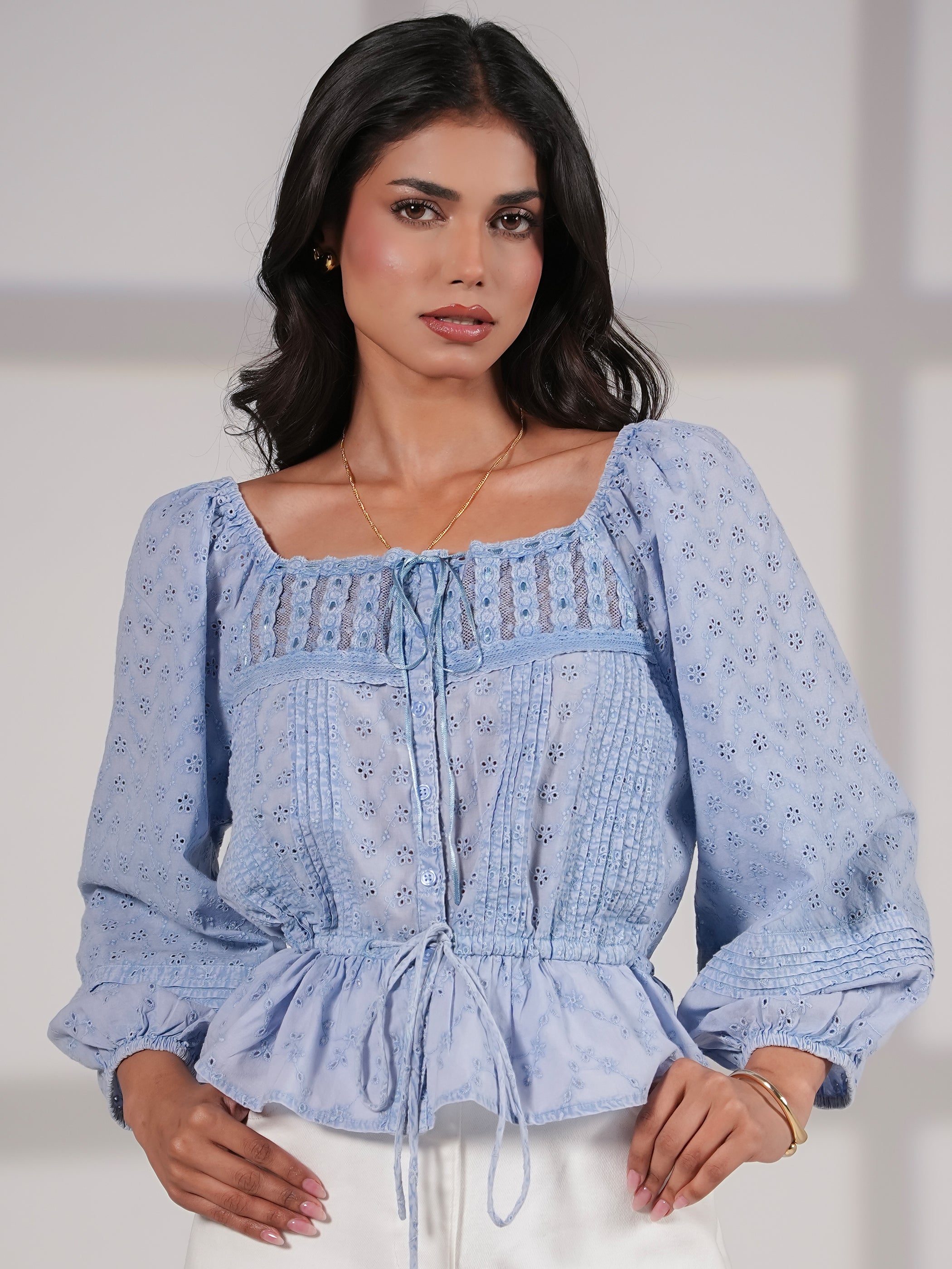 Dee Blue Washed Embroidery Cotton Top