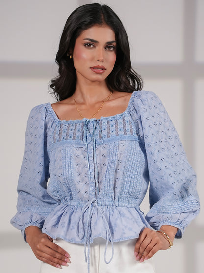 Dee Blue Washed Embroidery Cotton Top