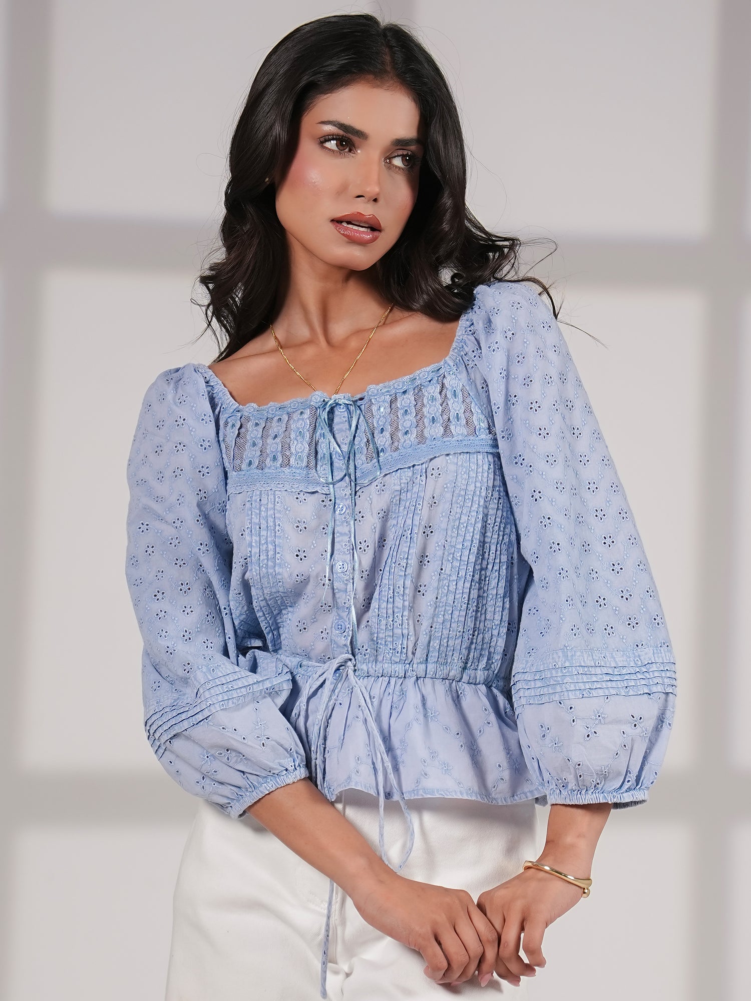 Dee Blue Washed Embroidery Cotton Top