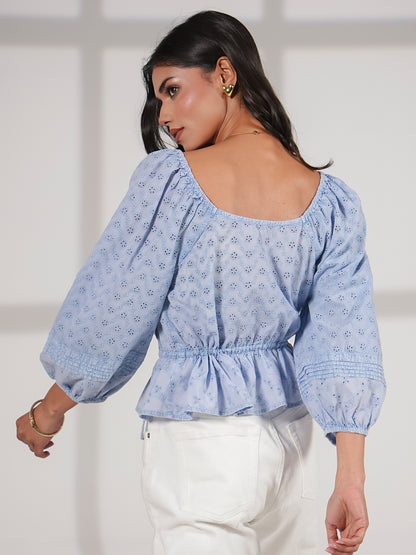 Dee Blue Washed Embroidery Cotton Top