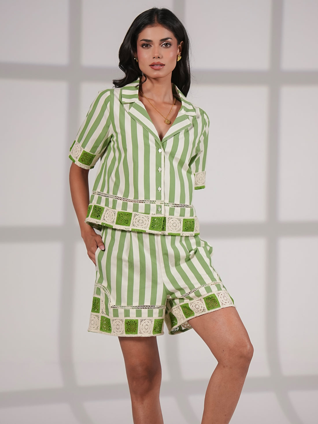 Helena Green Stripe Crochet Trim Cotton Resort Shirt