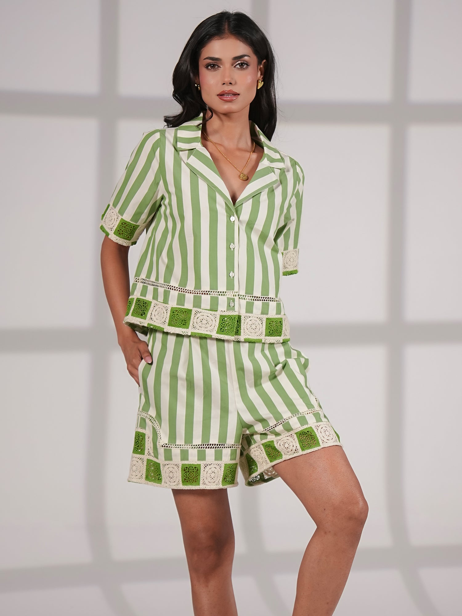Helena Green Stripe Crochet Stripe Cotton Resort Short