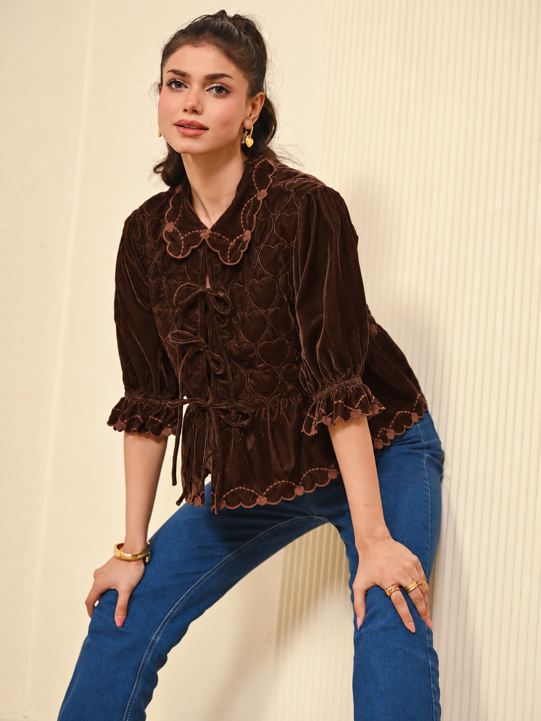 Jay Chocolate Brown Velvet Tie Front Top