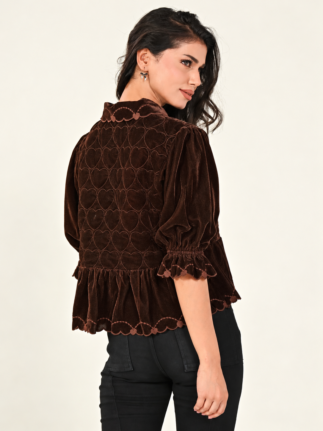 Jay Chocolate Brown Velvet Tie Front Top