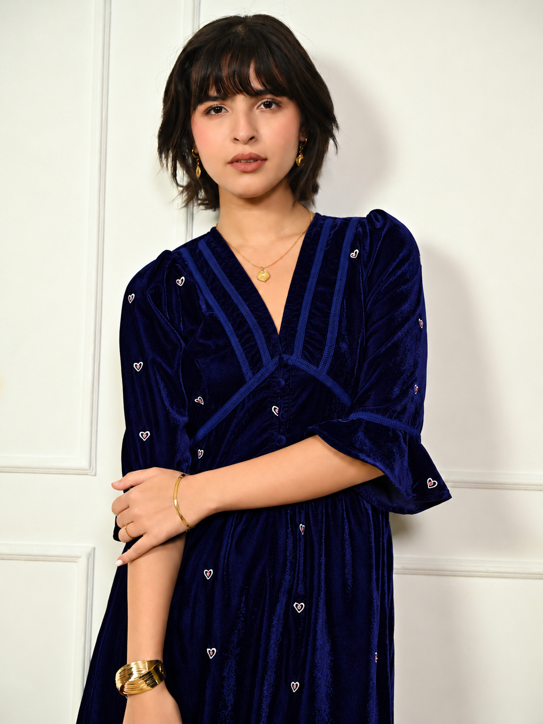 Giselle Indigo Blue Embroidered Velvet Midi Dress