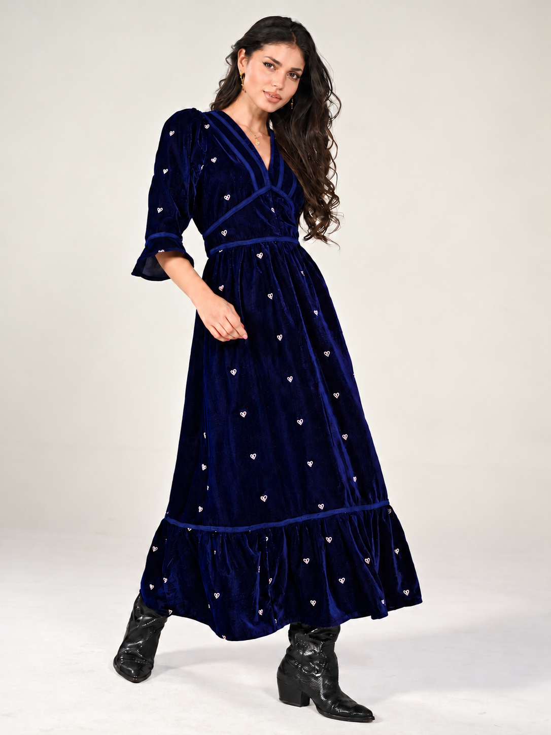 Giselle Indigo Blue Embroidered Velvet Midi Dress