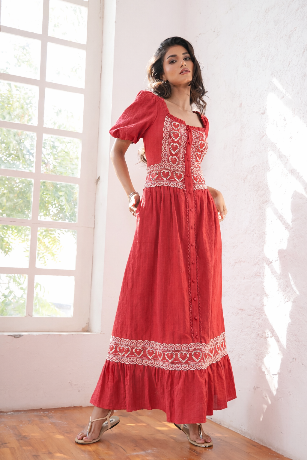 Harri Red And White Cotton Heart Embroidery Short Sleeve Maxi Dress