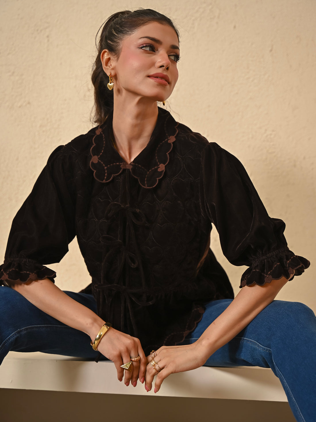 Jay Chocolate Brown Velvet Tie Front Top