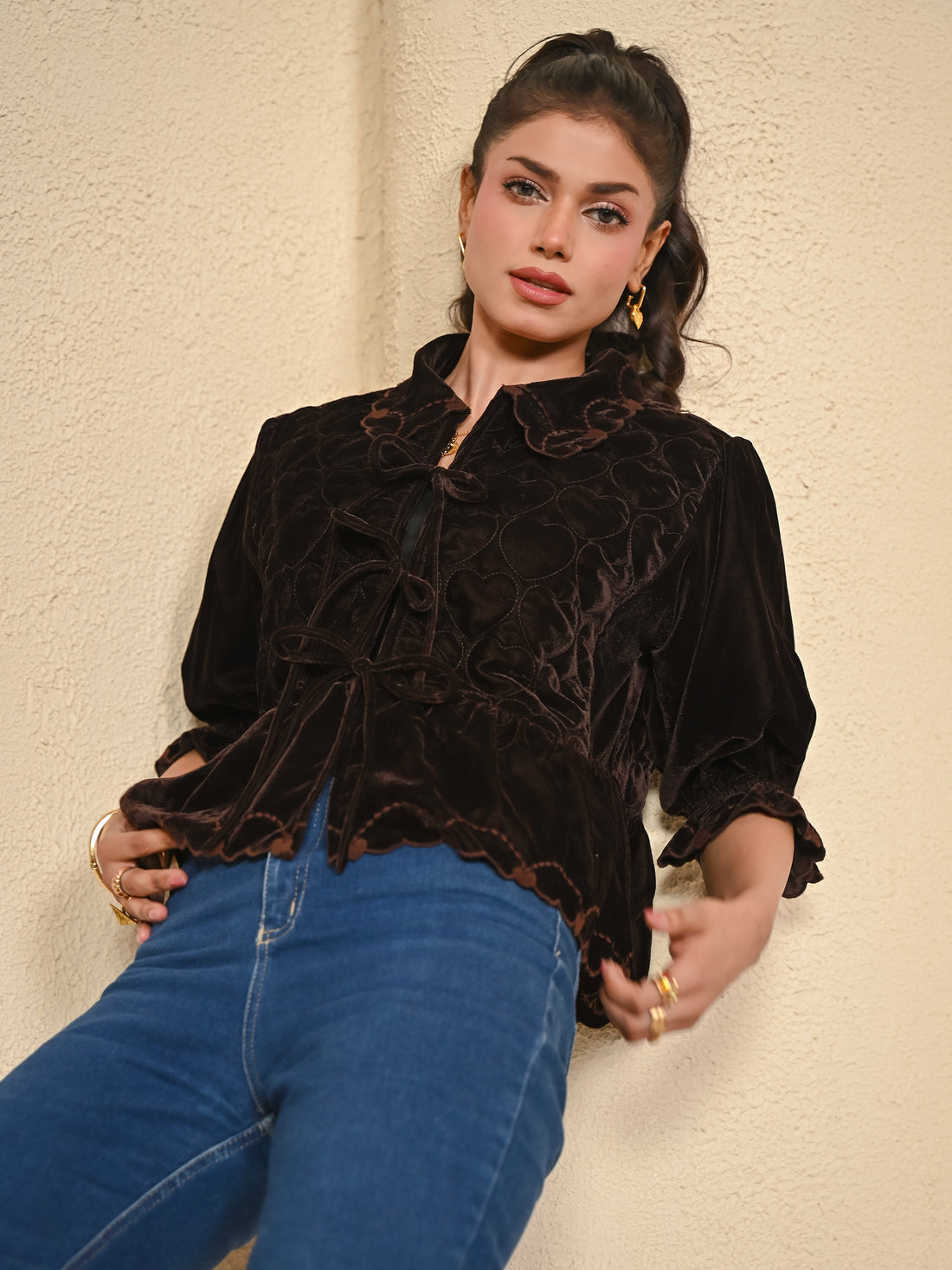 Jay Chocolate Brown Velvet Tie Front Top