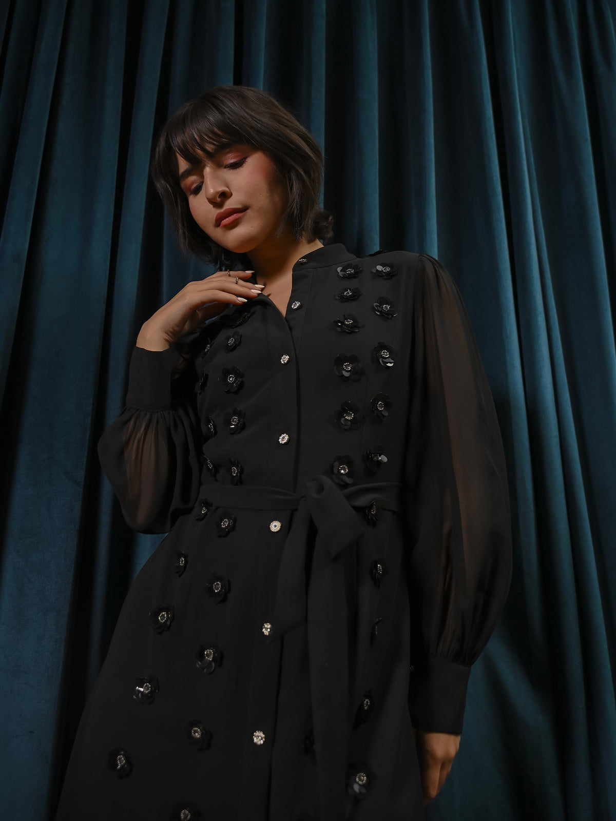 Morena Black Hand Embellished Midi Shirt Dress