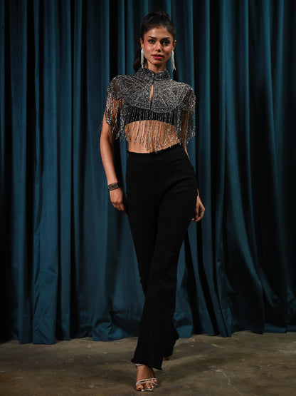 Bonnie Hand Embellished Black Silver Fringe Cape Top