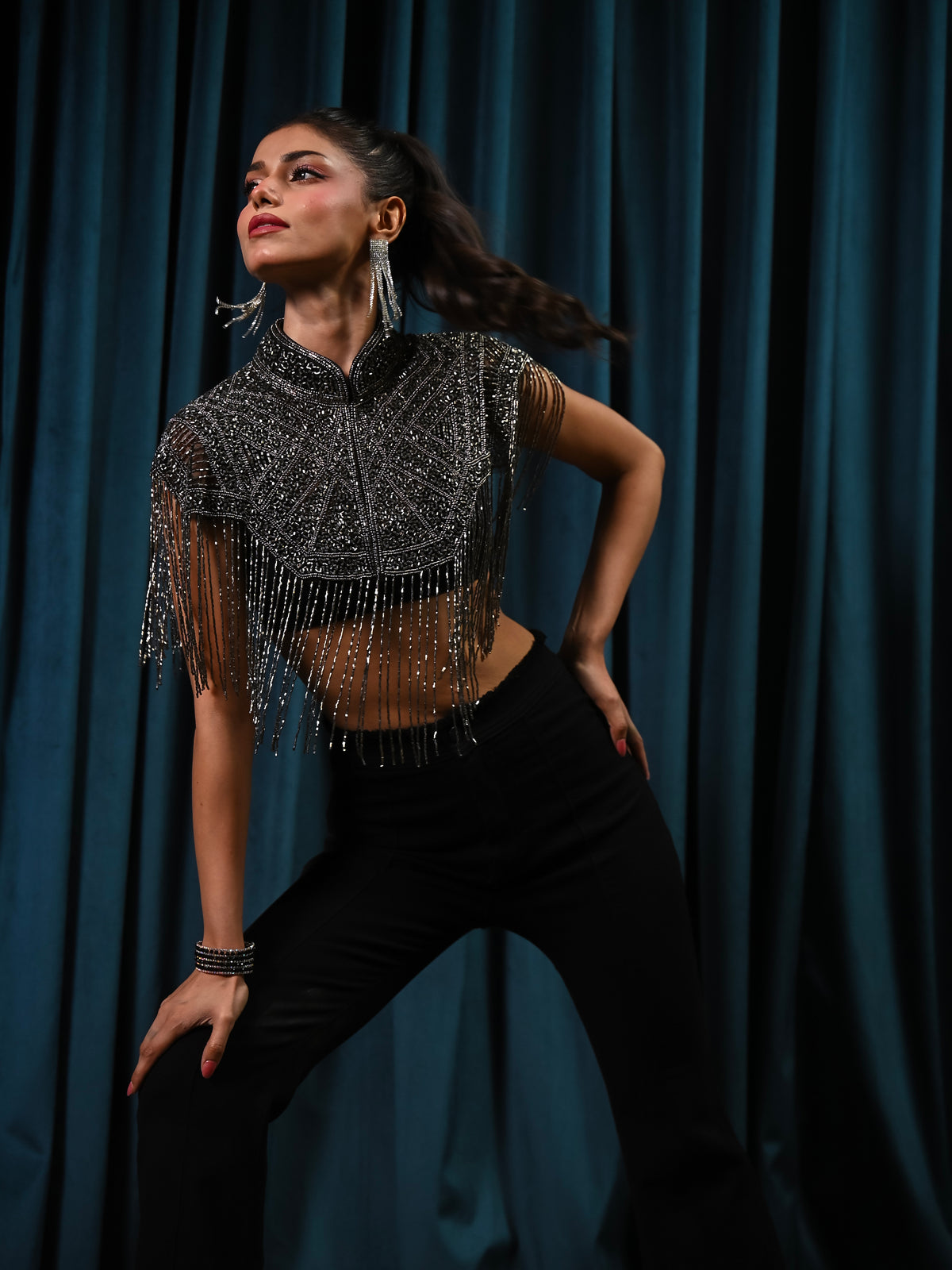 Bonnie Hand Embellished Black Silver Fringe Cape Top