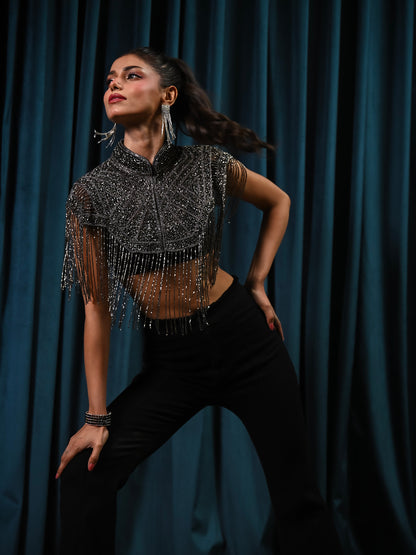 Bonnie Hand Embellished Black Silver Fringe Cape Top