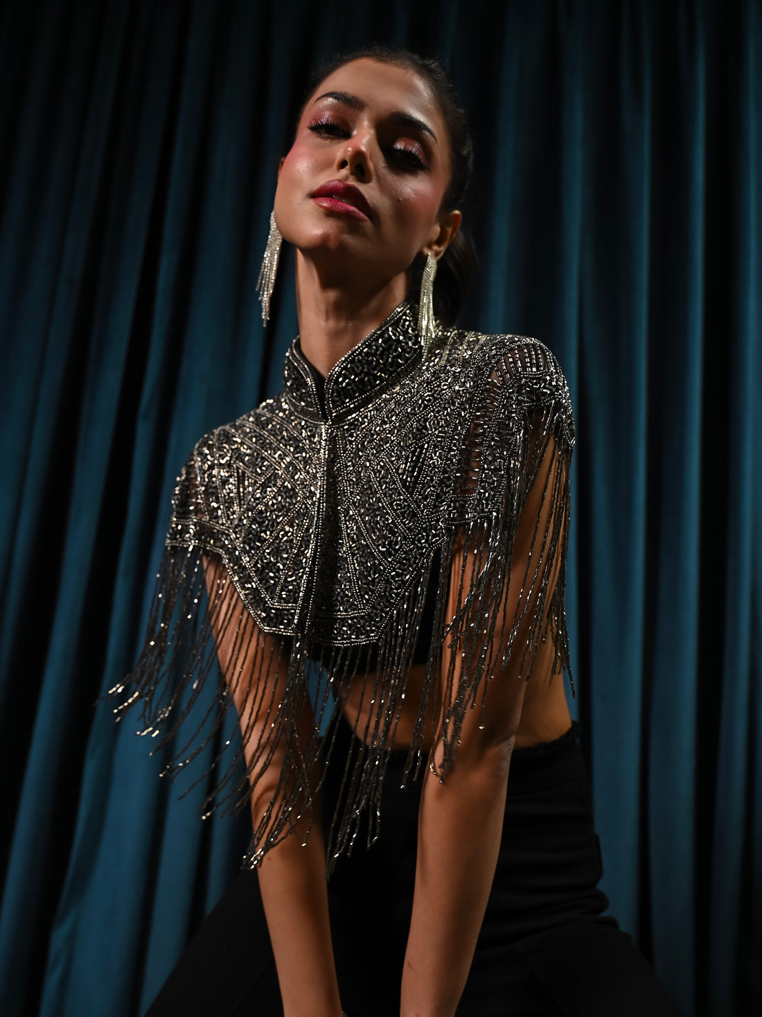 Bonnie Hand Embellished Black Silver Fringe Cape Top