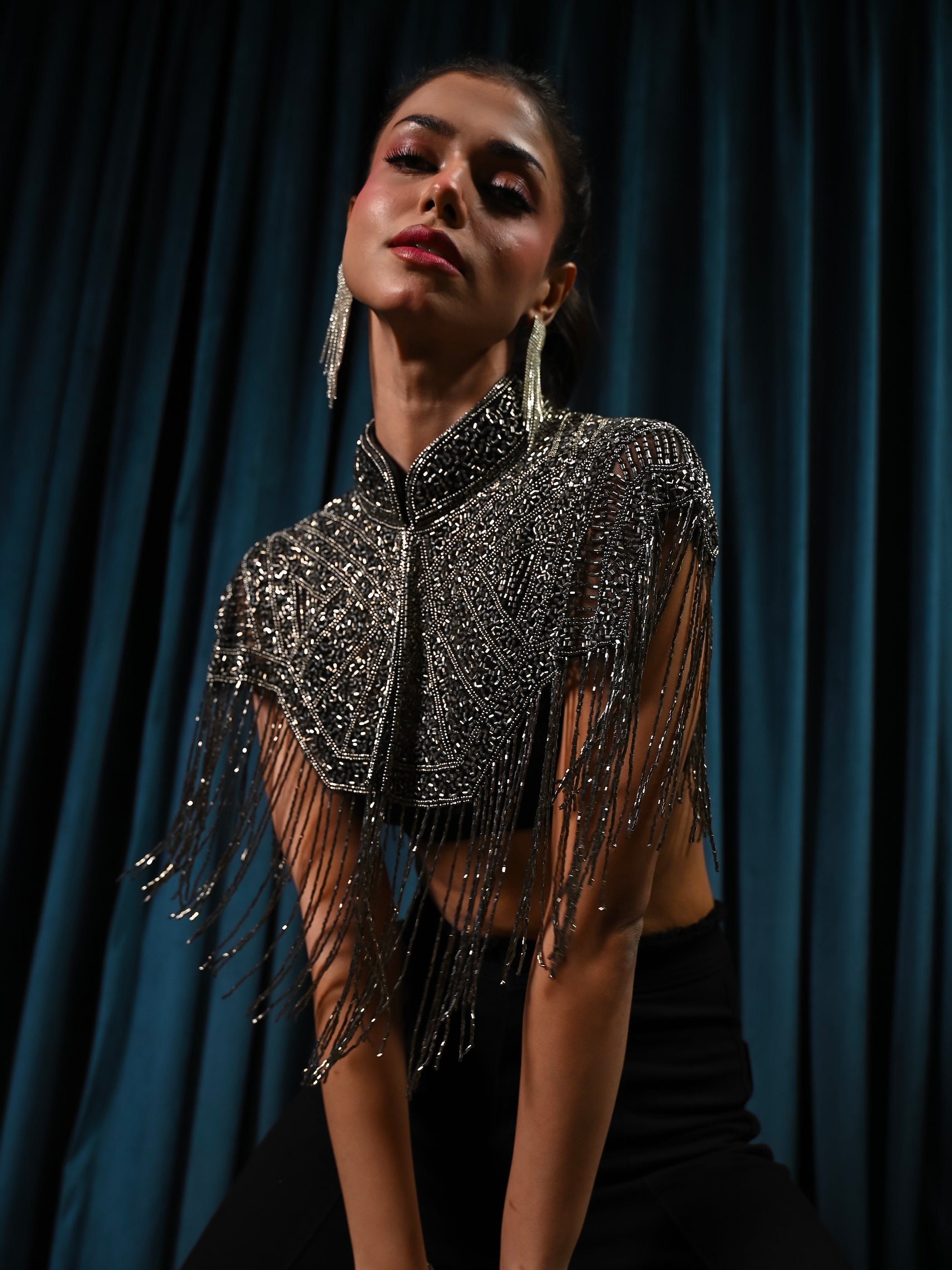 Bonnie Hand Embellished Black Silver Fringe Cape Top