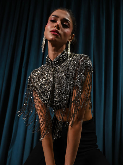 Bonnie Hand Embellished Black Silver Fringe Cape Top