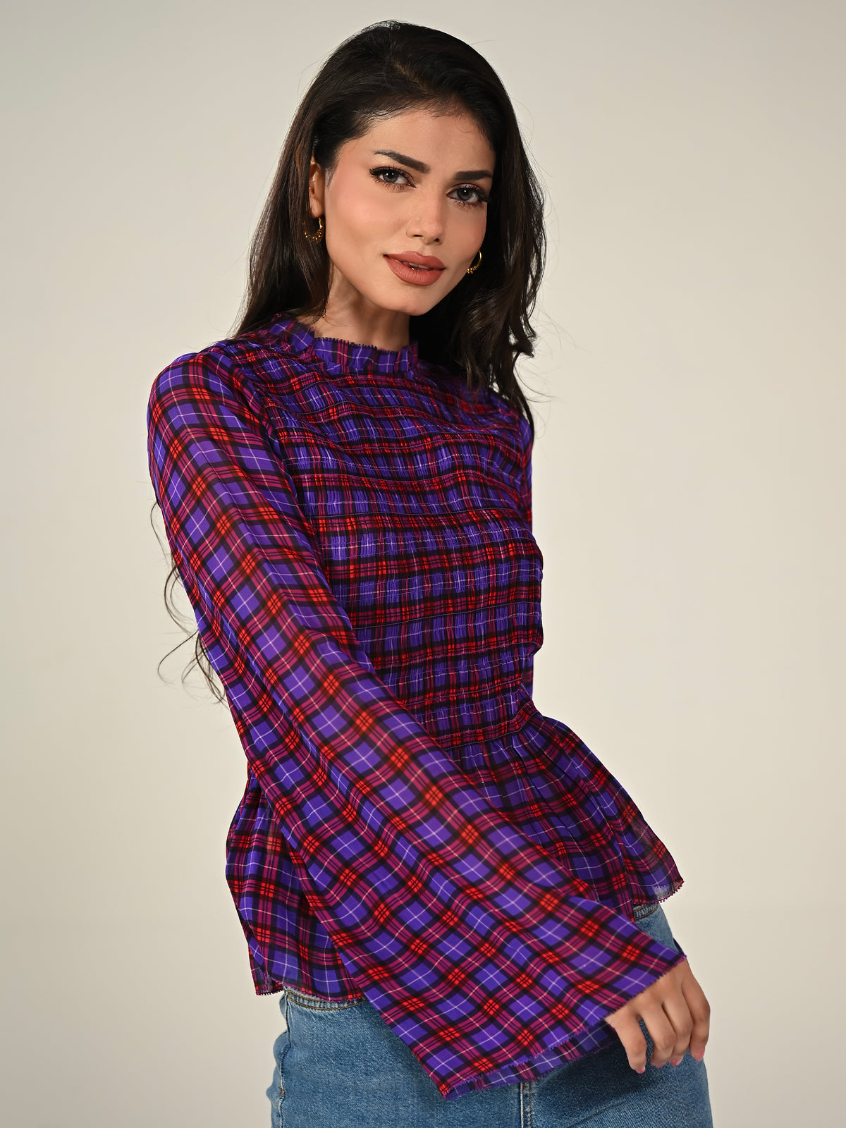 Monica Smocked Check Blouse