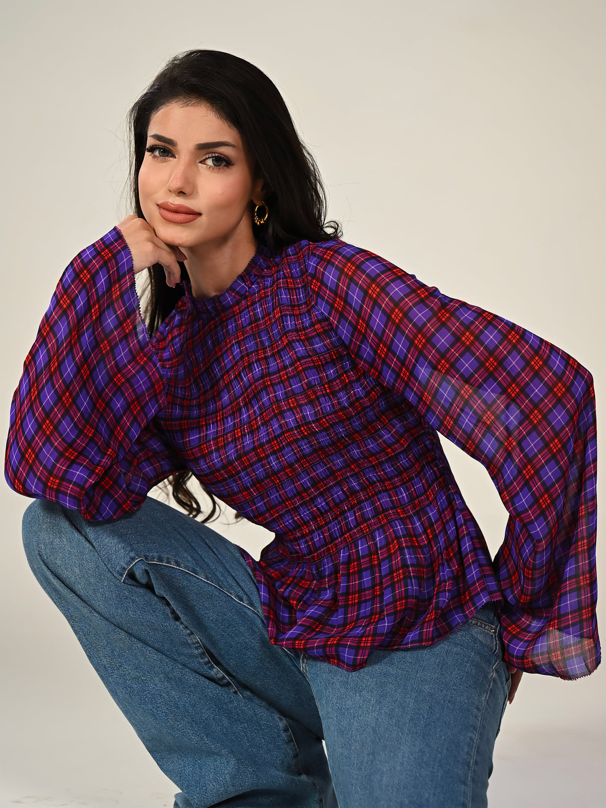 Monica Smocked Check Blouse