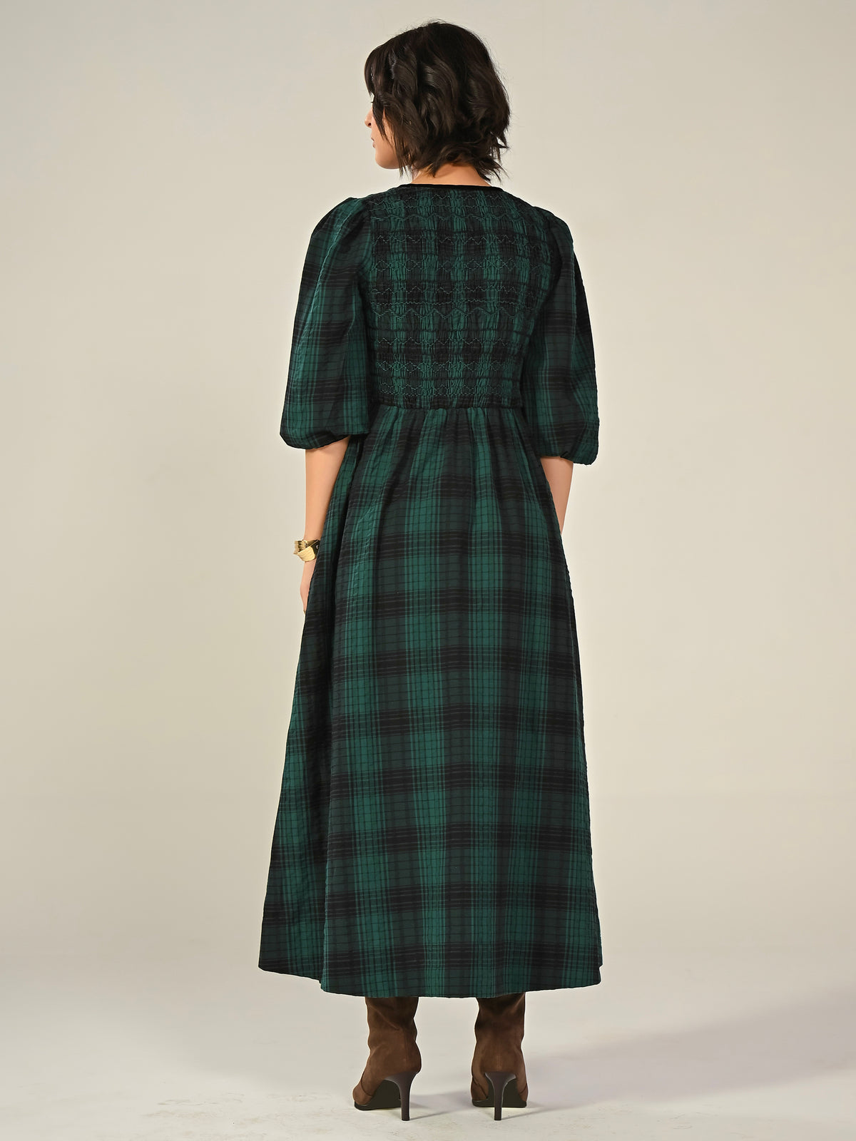 Tilly Green Check Sparkle Button Midi Dress