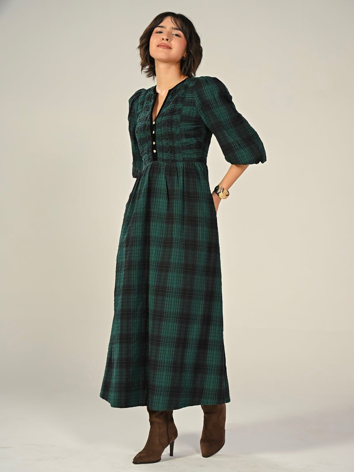 Tilly Green Check Sparkle Button Midi Dress