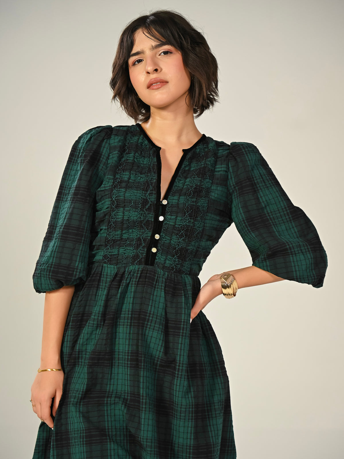 Tilly Green Check Sparkle Button Midi Dress