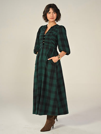 Tilly Green Check Sparkle Button Midi Dress
