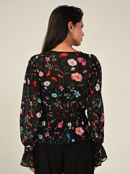 Juliette Black Floral Lace Trim Blouse