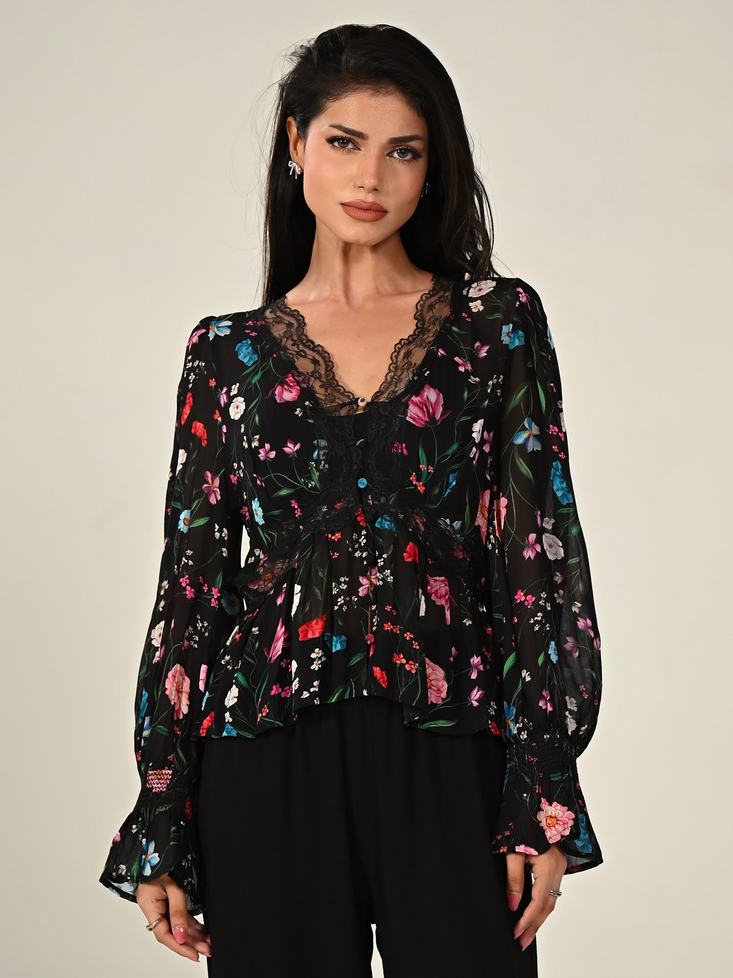 Juliette Black Floral Lace Trim Blouse
