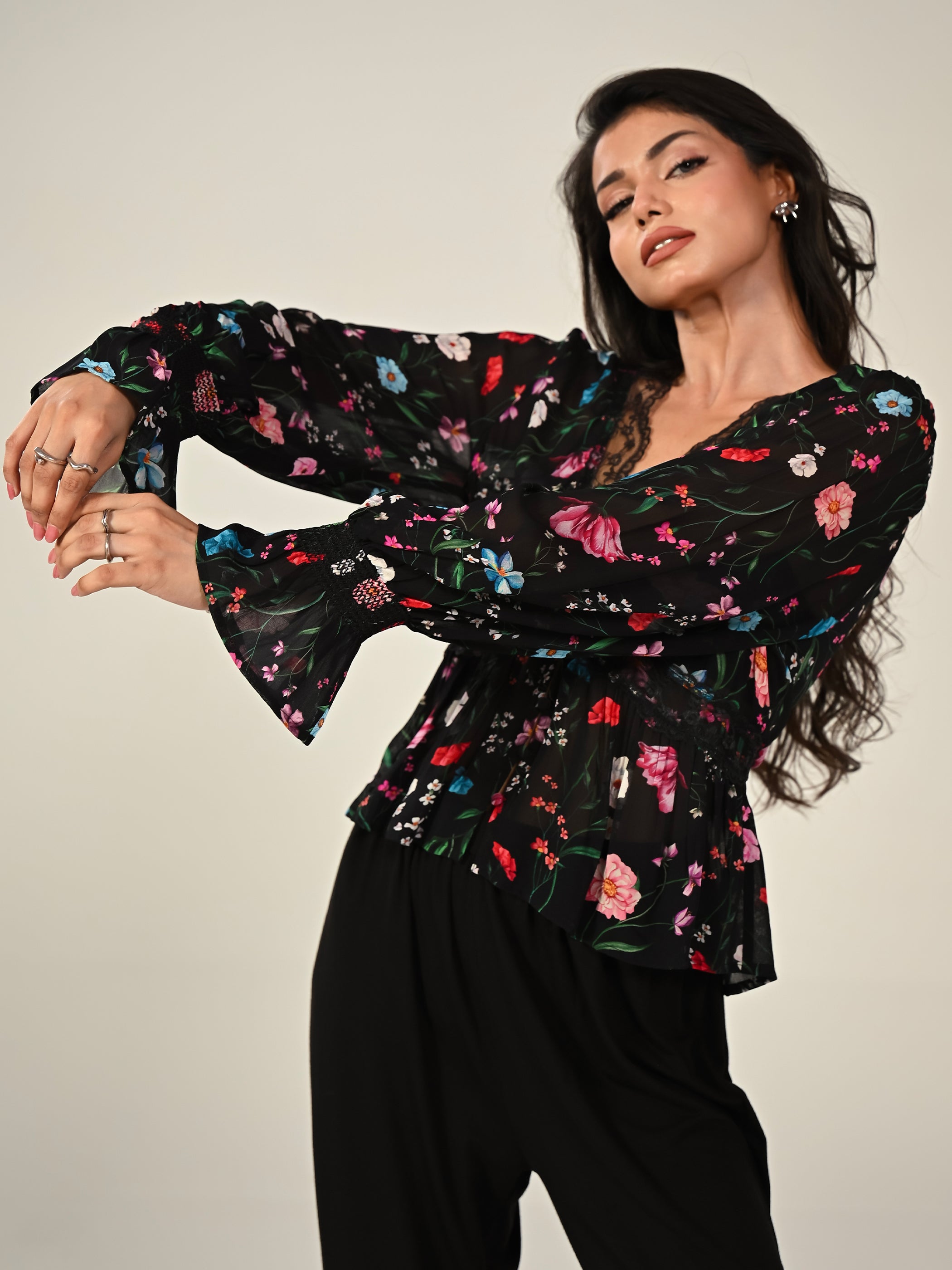 Juliette Black Floral Lace Trim Blouse