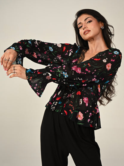 Juliette Black Floral Lace Trim Blouse