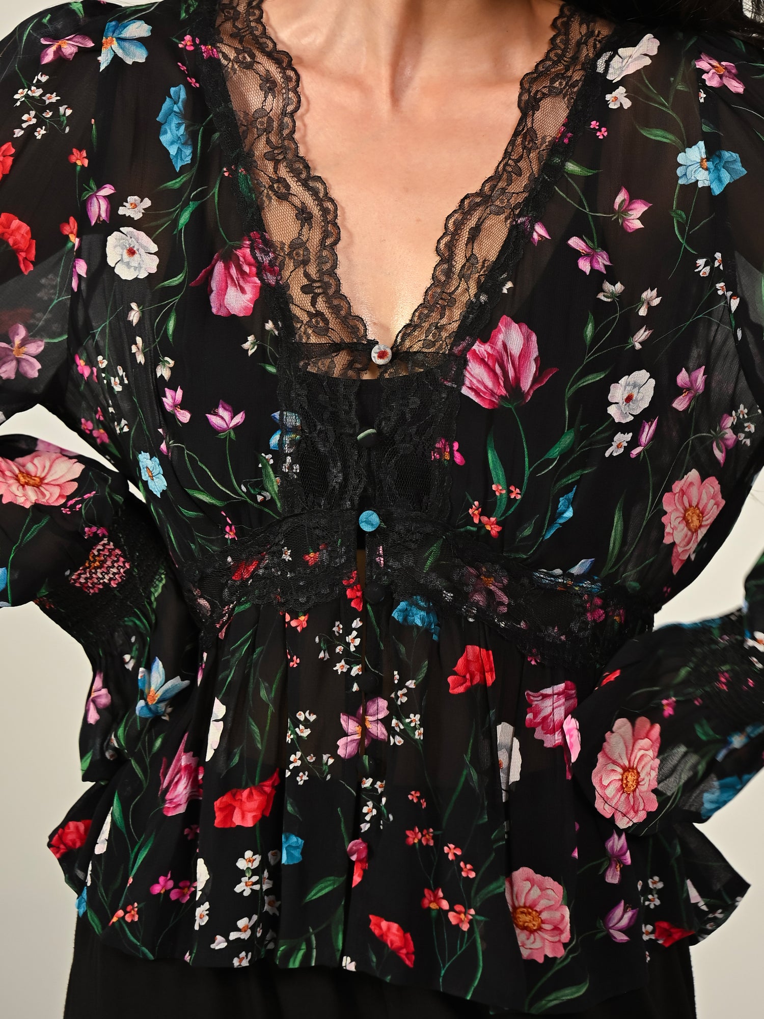 Juliette Black Floral Lace Trim Blouse