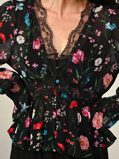 Juliette Black Floral Lace Trim Blouse