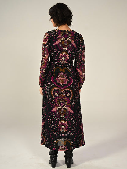 Annaline Black Pirnt Midi Dress