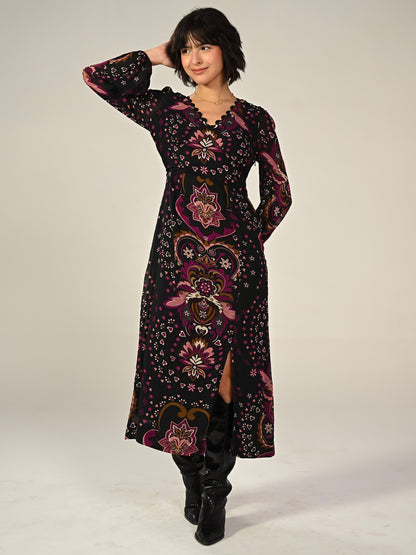 Annaline Black Pirnt Midi Dress