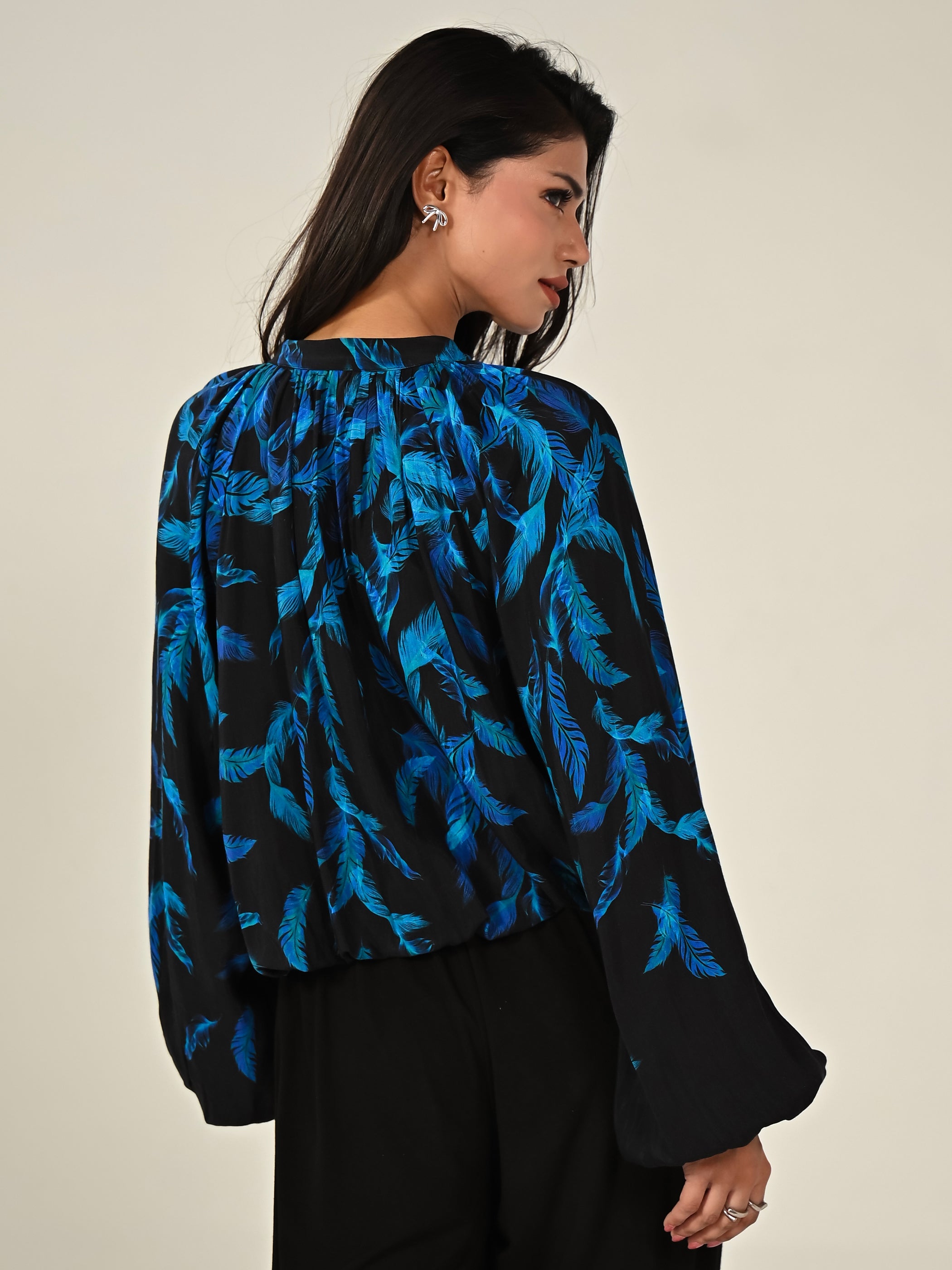 Lille Feather Print Black Zip Front Light Bomber Jacket