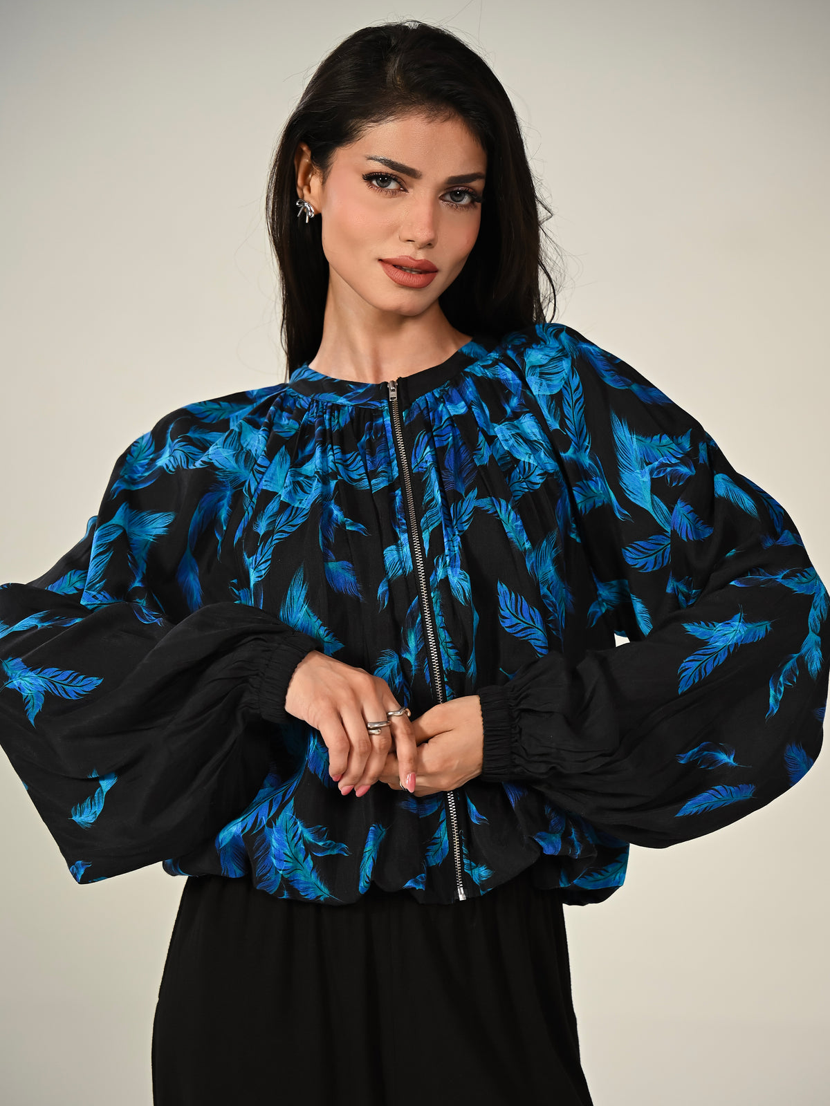 Lille Feather Print Black Zip Front Light Bomber Jacket