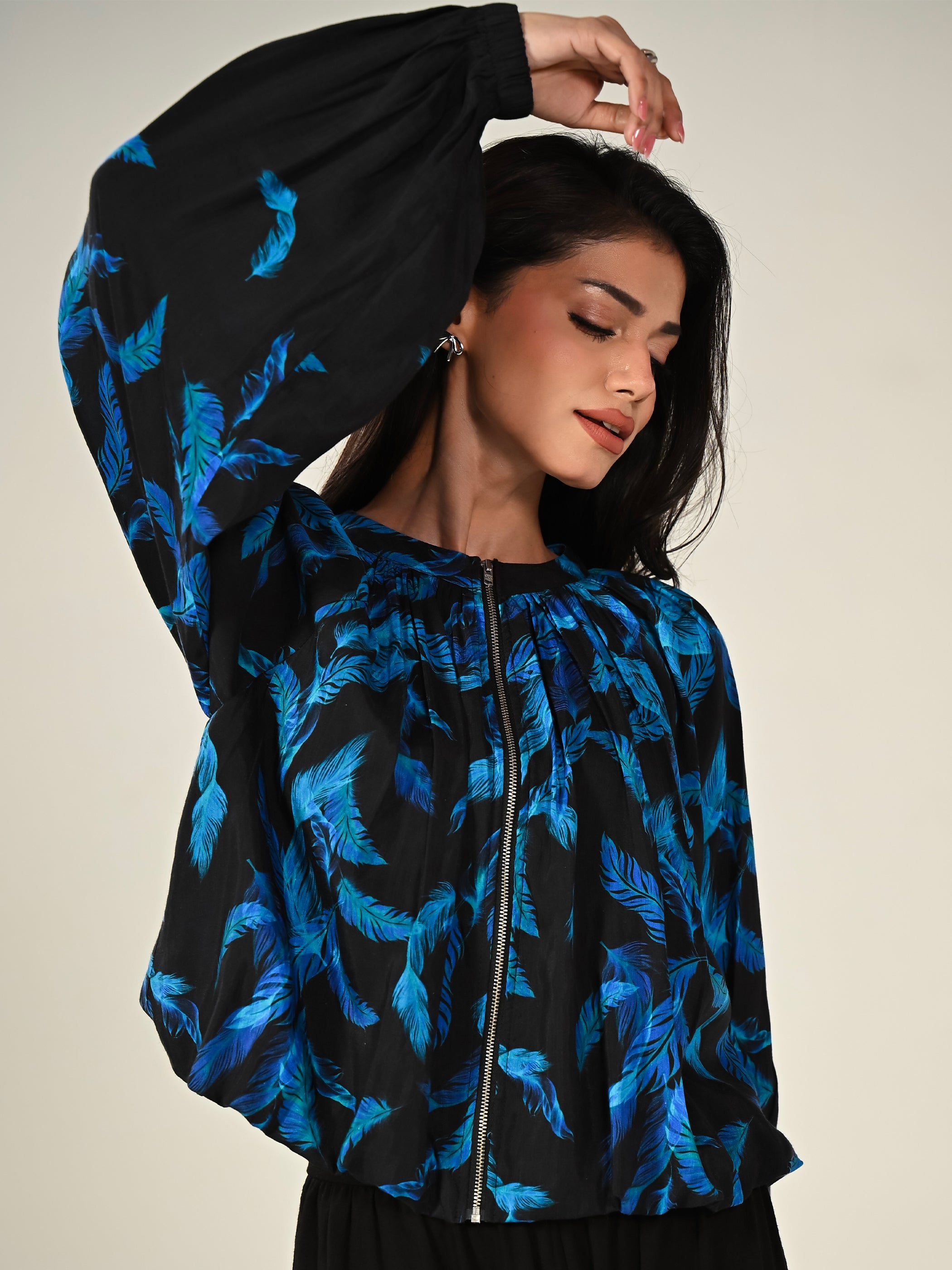 Lille Feather Print Black Zip Front Light Bomber Jacket