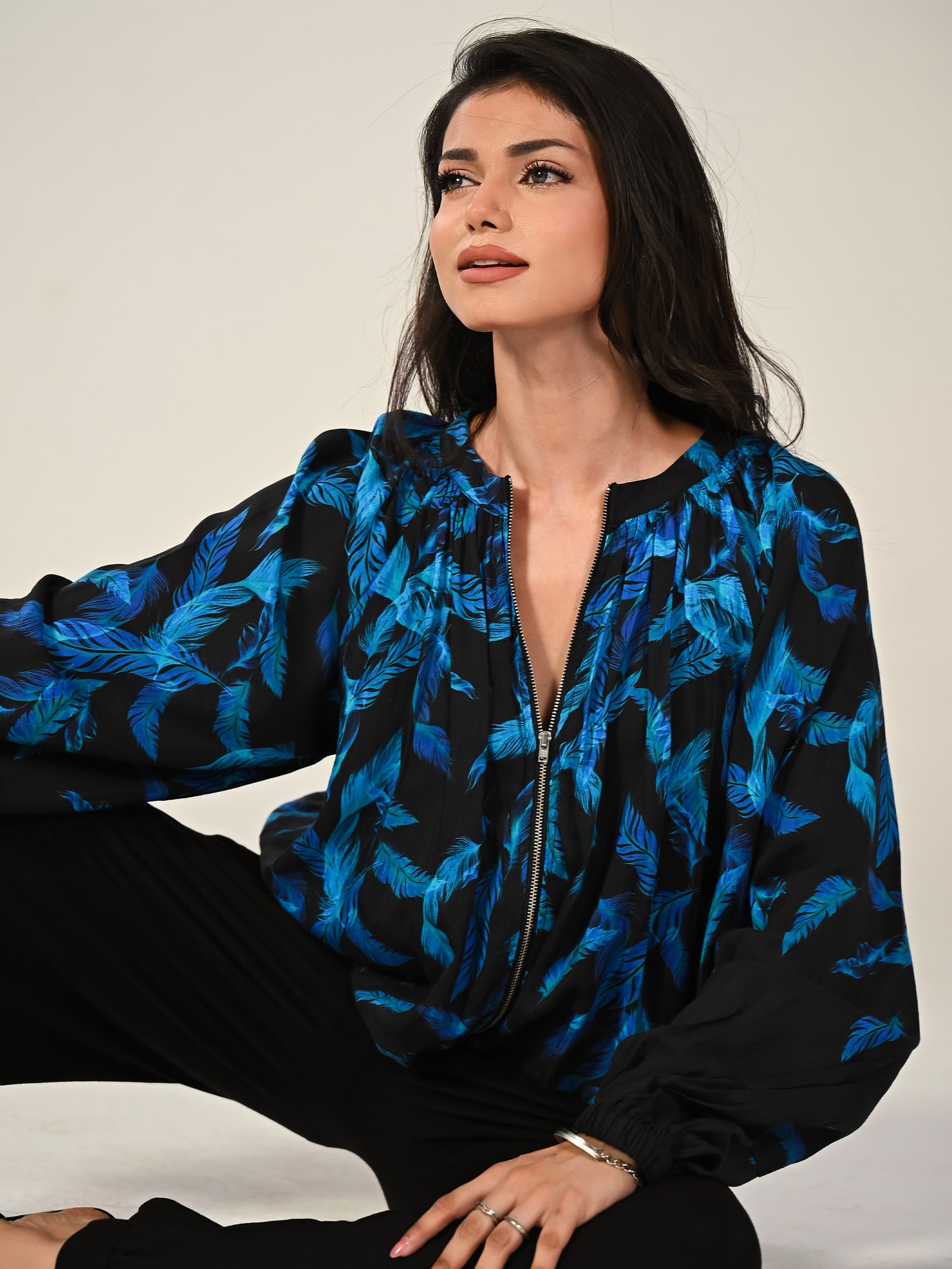 Lille Feather Print Black Zip Front Light Bomber Jacket
