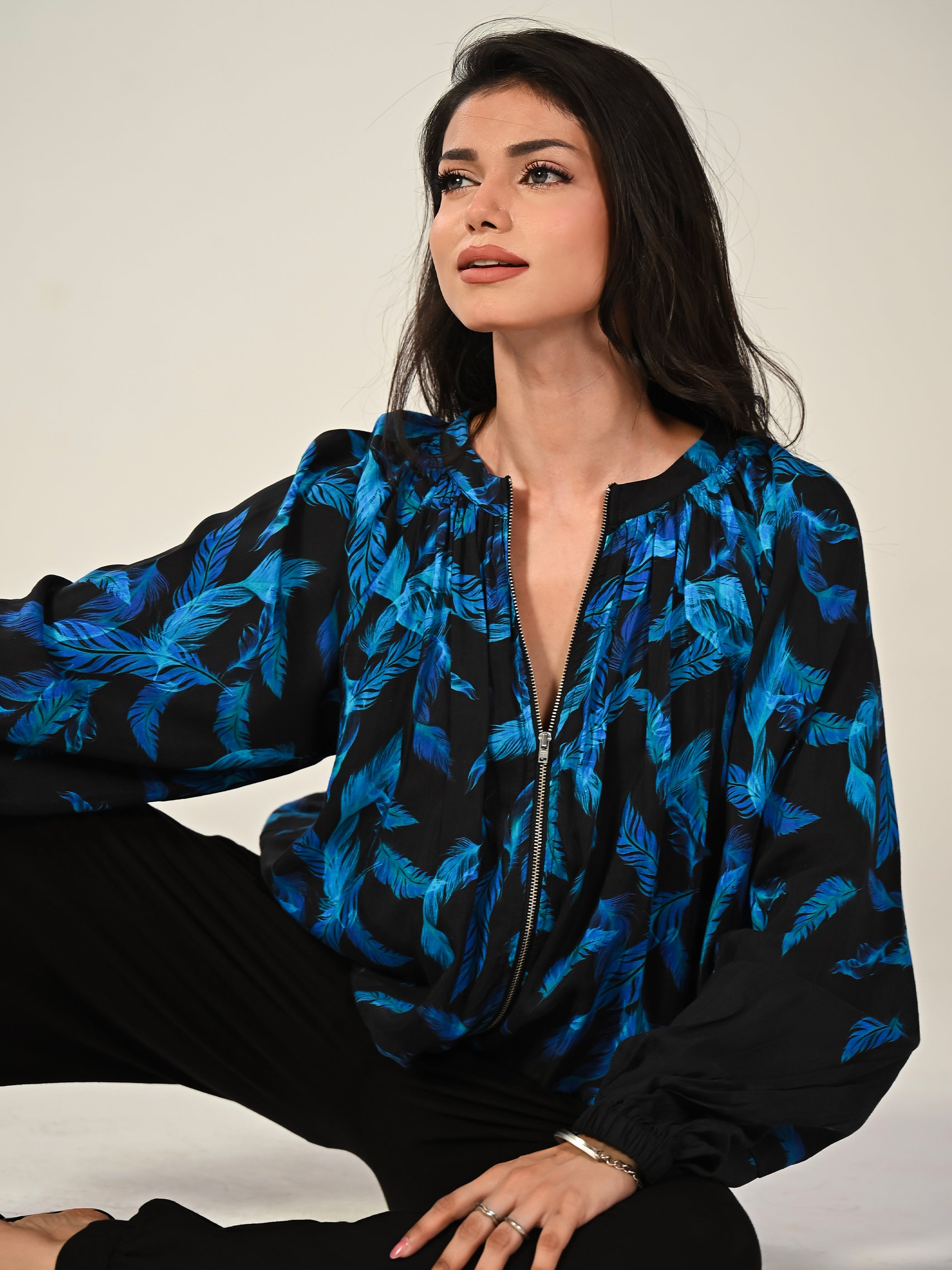 Lille Feather Print Black Zip Front Light Bomber Jacket