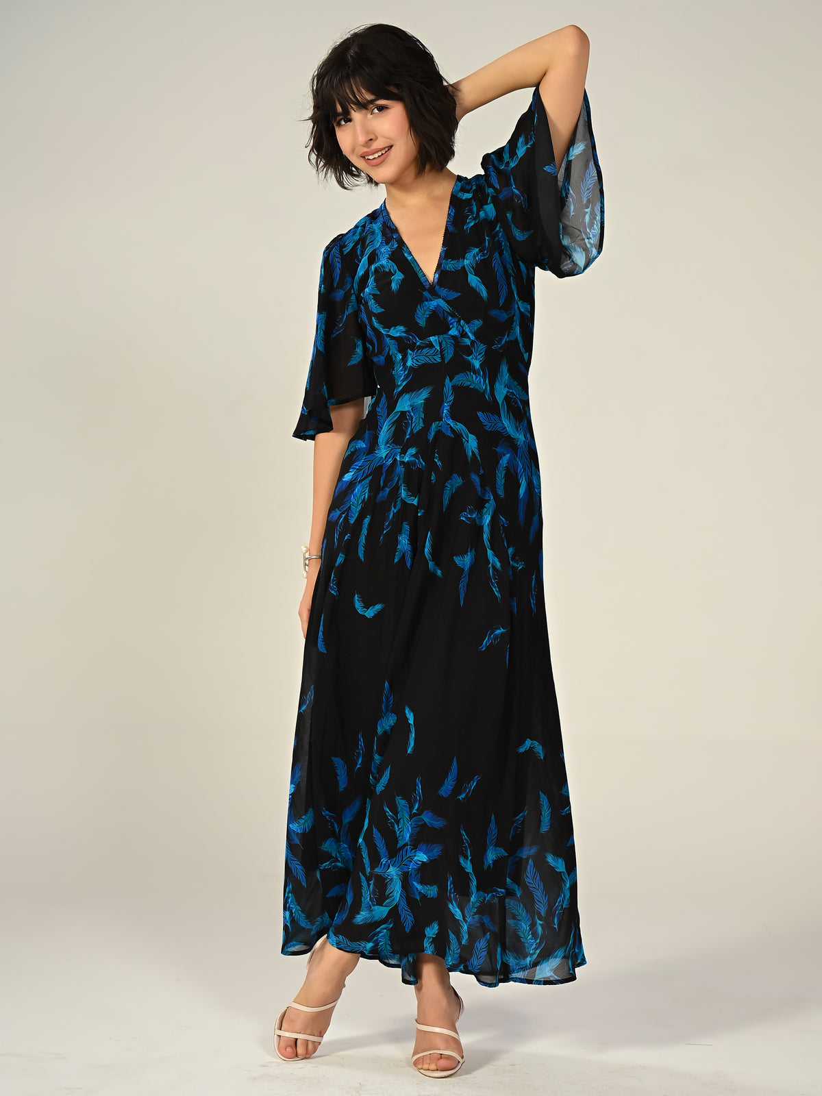 Talia Black Feather Print Maxi Dress