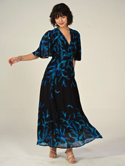 Talia Black Feather Print Maxi Dress