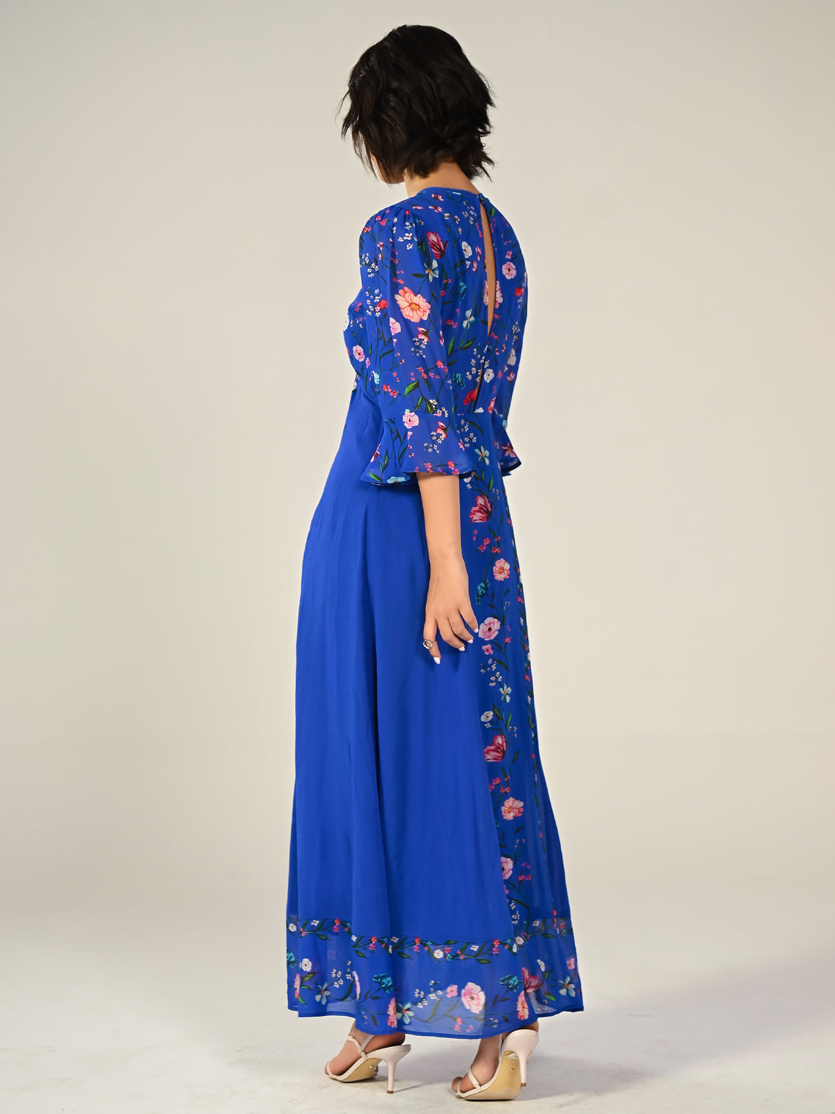 Tory Blue Botanical Floral Border Print Maxi Dress