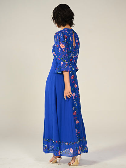 Tory Blue Botanical Floral Border Print Maxi Dress