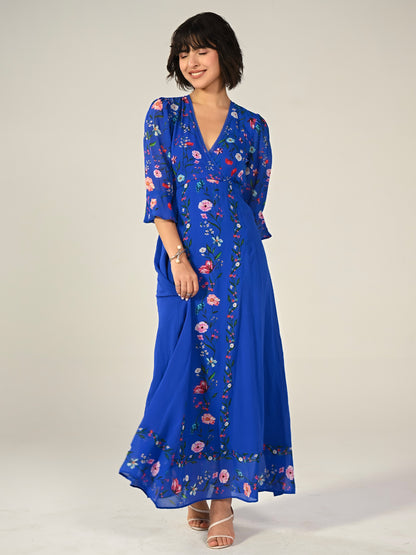 Tory Blue Botanical Floral Border Print Maxi Dress